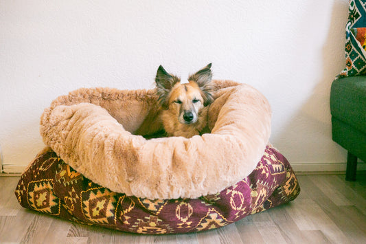 Burgundy kilim - velvet / faux fur snuggle sack
