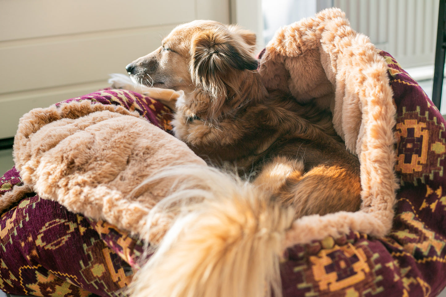 Burgundy kilim - velvet / faux fur snuggle sack