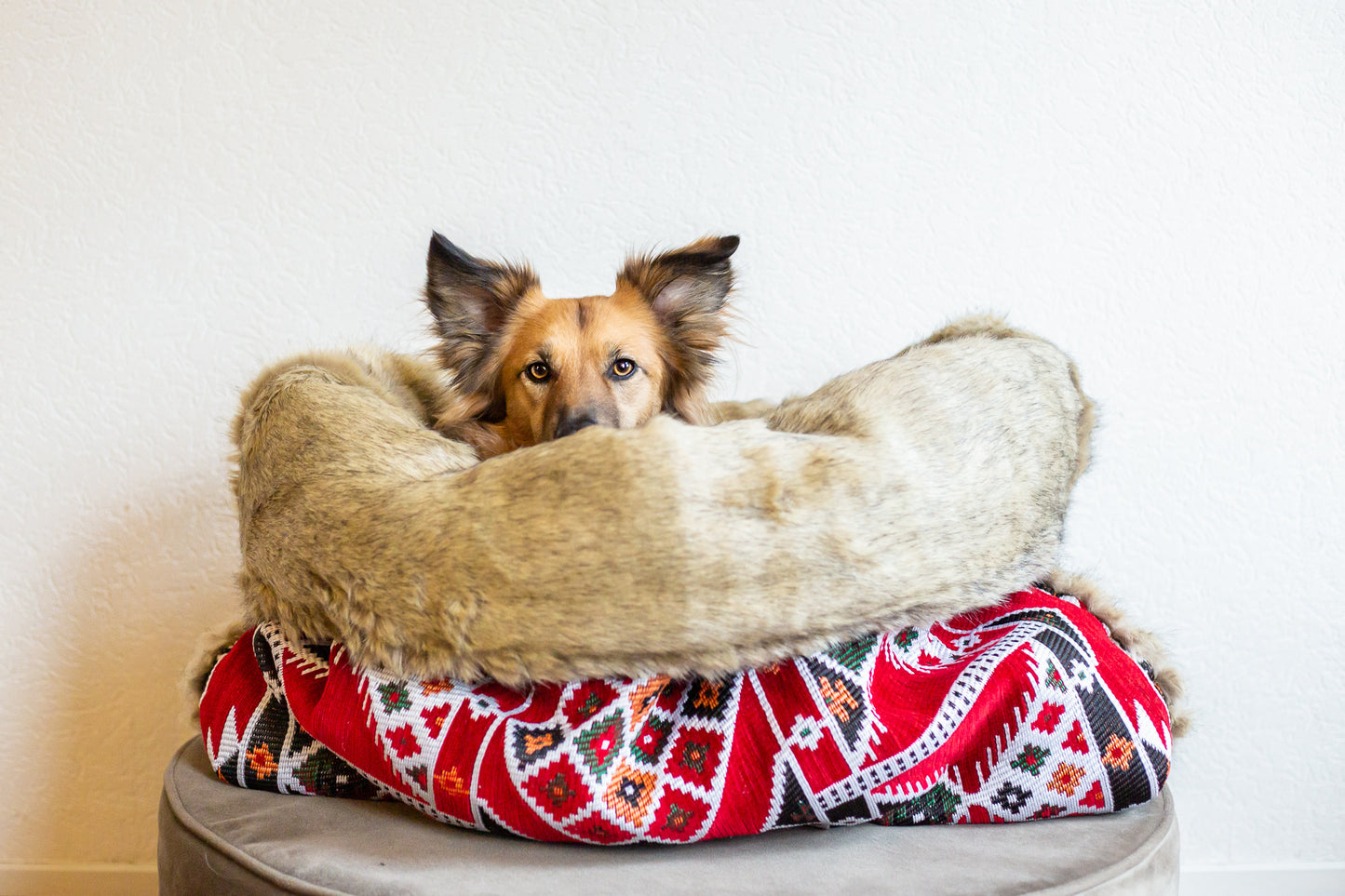 Red kilim - velvet / faux fur snuggle sack