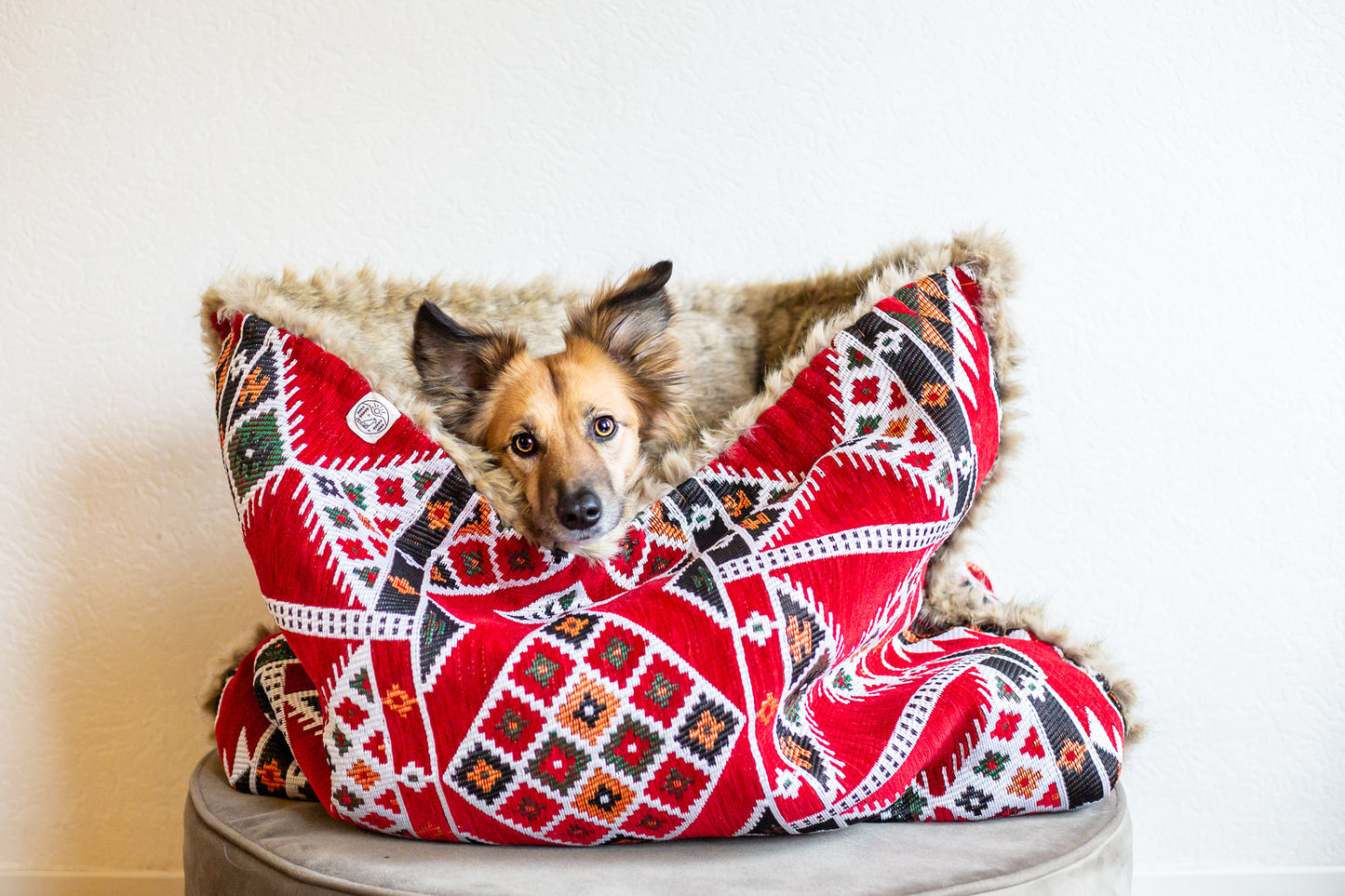 Red kilim - velvet / faux fur snuggle sack