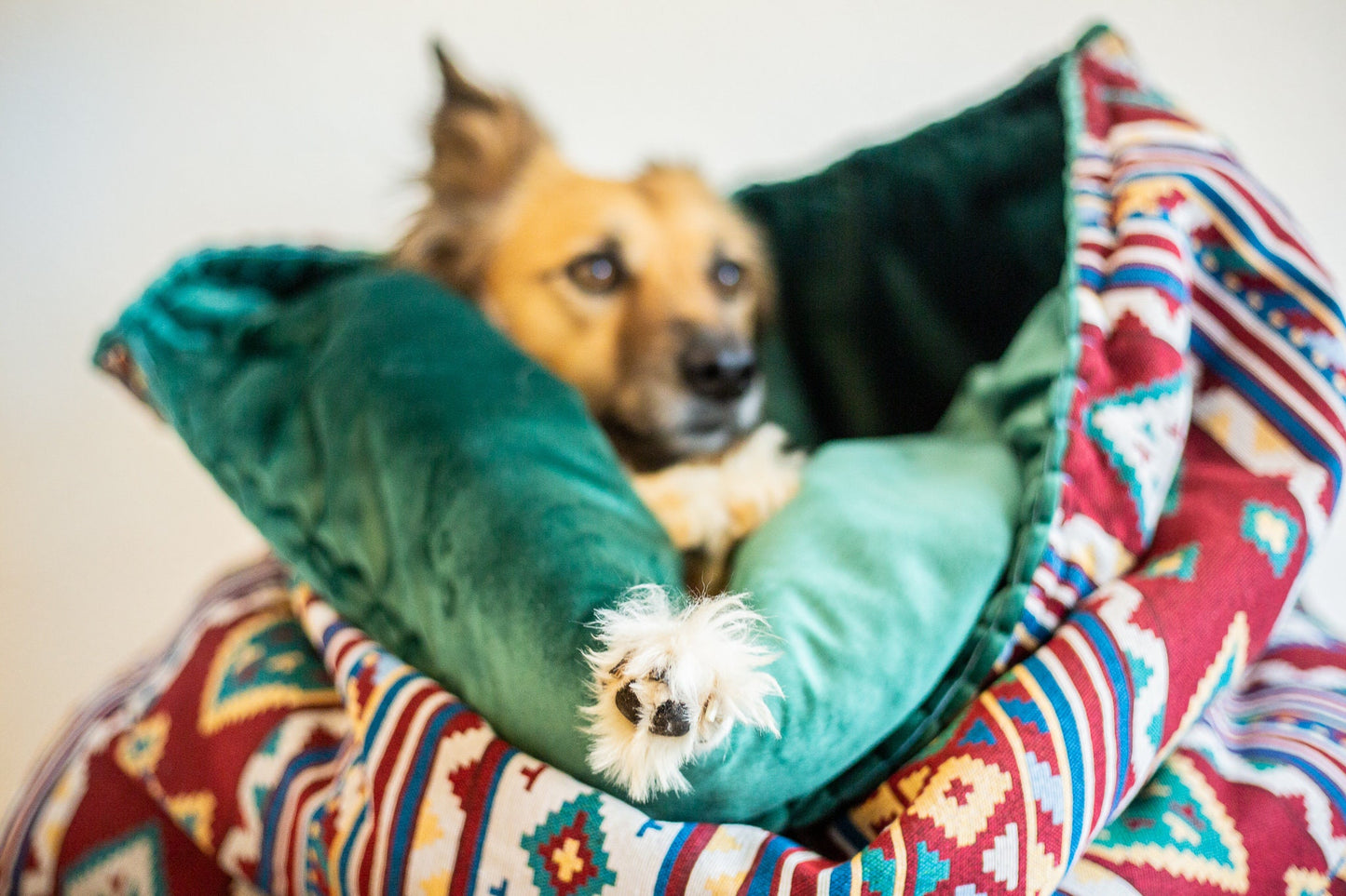 Red woven print From Thailand - velvet travel pet bed