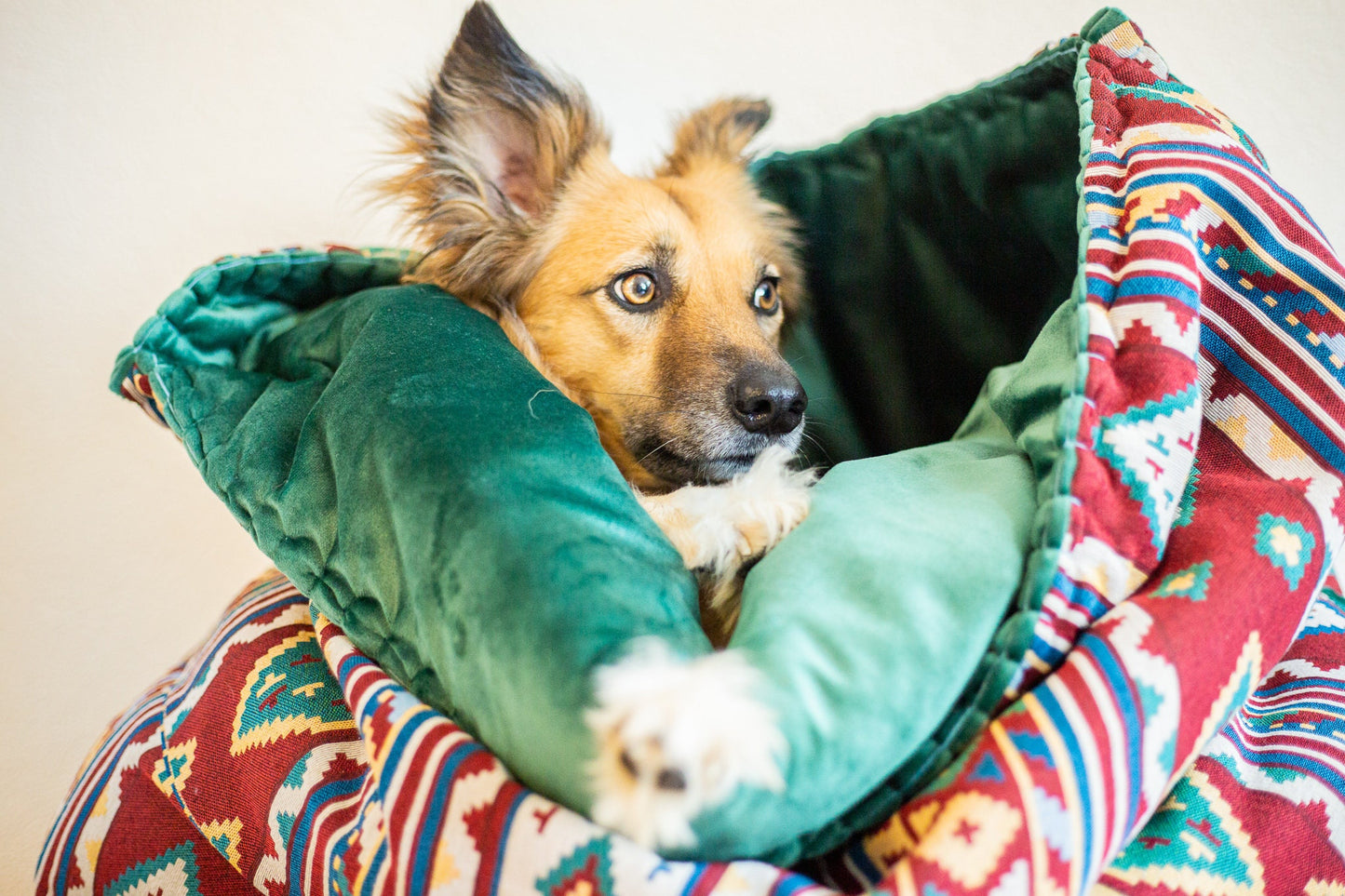 Red woven print From Thailand - velvet travel pet bed