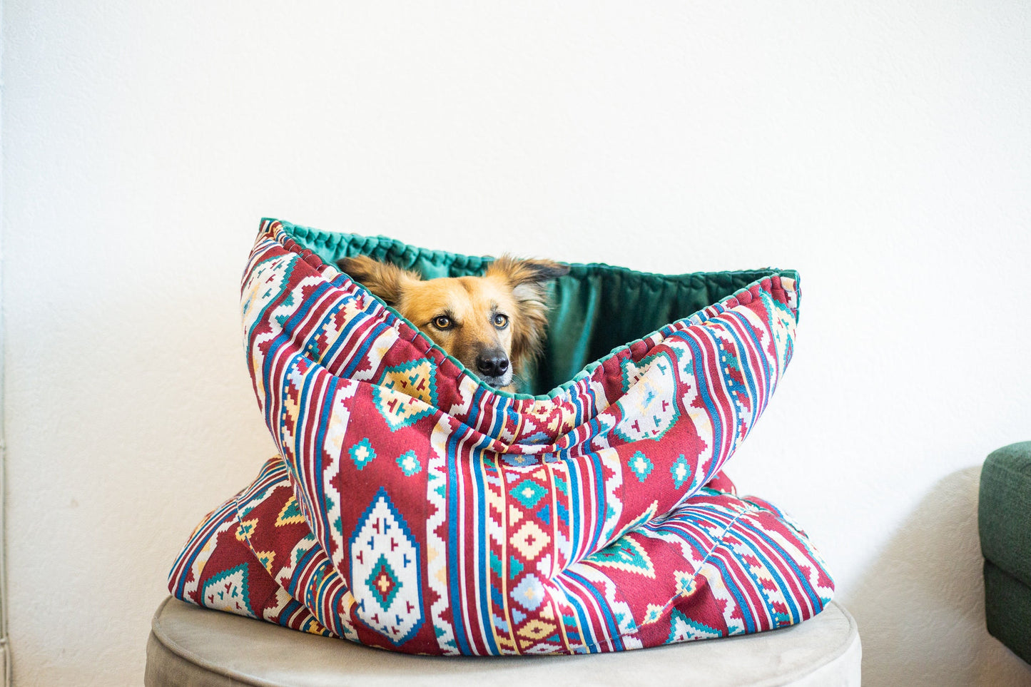 Red woven print From Thailand - velvet travel pet bed