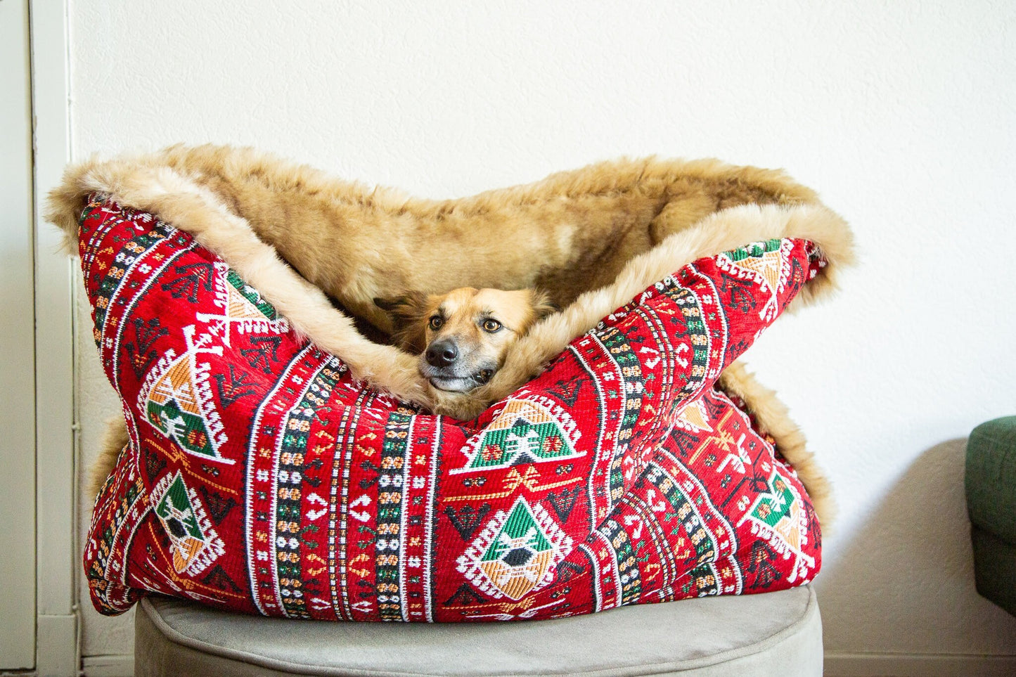 Red kilim - velvet / faux fur snuggle sack