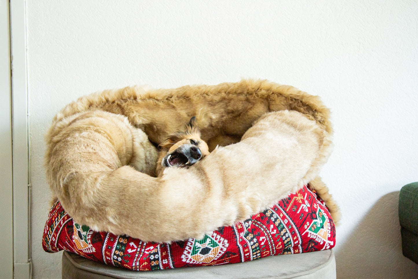 Red kilim - velvet / faux fur snuggle sack