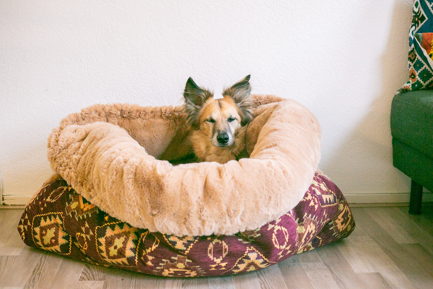 Burgundy kilim - velvet / faux fur snuggle sack