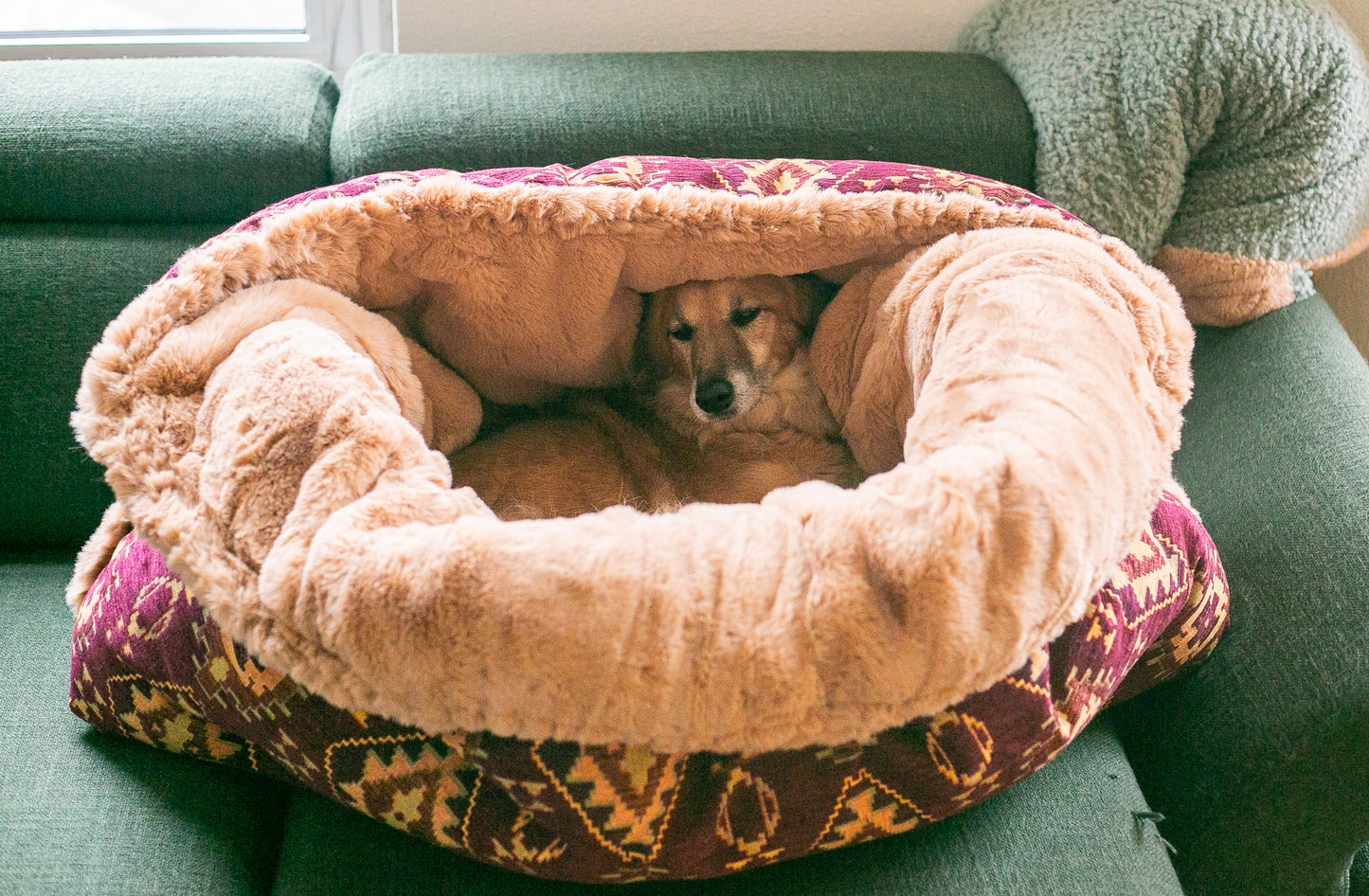 Burgundy kilim - velvet / faux fur snuggle sack