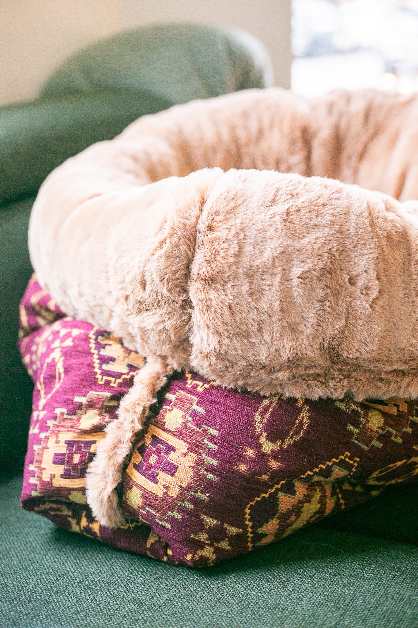 Burgundy kilim - velvet / faux fur snuggle sack