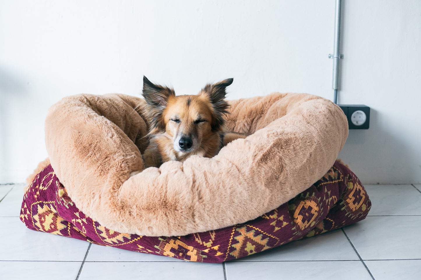 Burgundy kilim - velvet / faux fur snuggle sack