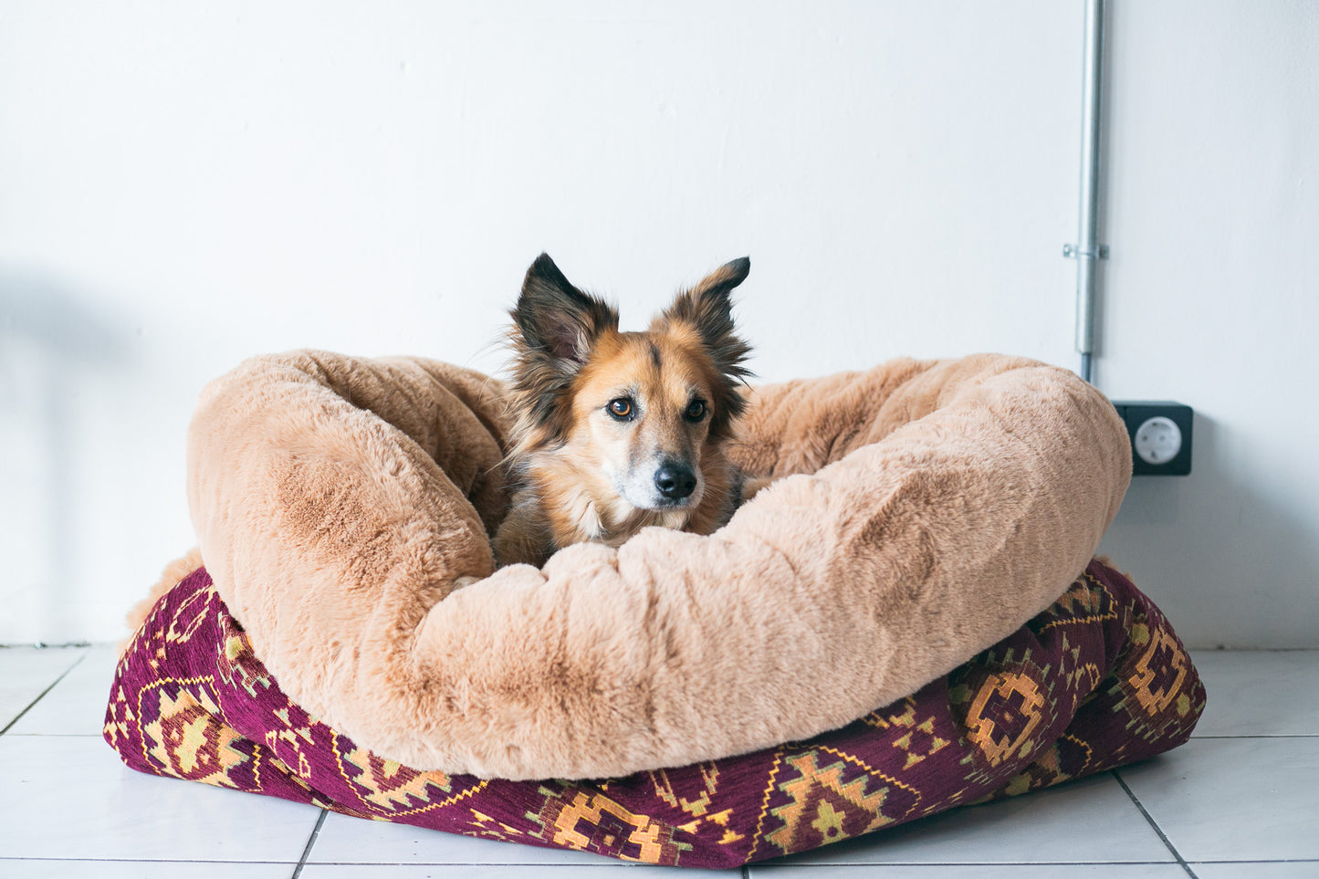 Burgundy kilim - velvet / faux fur snuggle sack