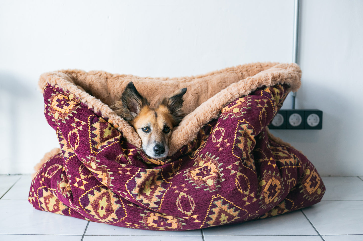 Burgundy kilim - velvet / faux fur snuggle sack