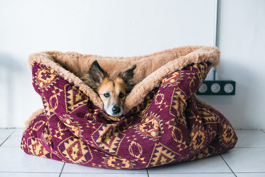 Burgundy kilim - velvet / faux fur snuggle sack