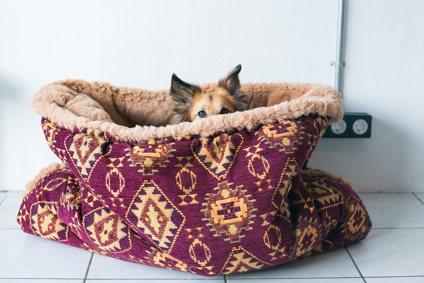 Burgundy kilim - velvet / faux fur snuggle sack