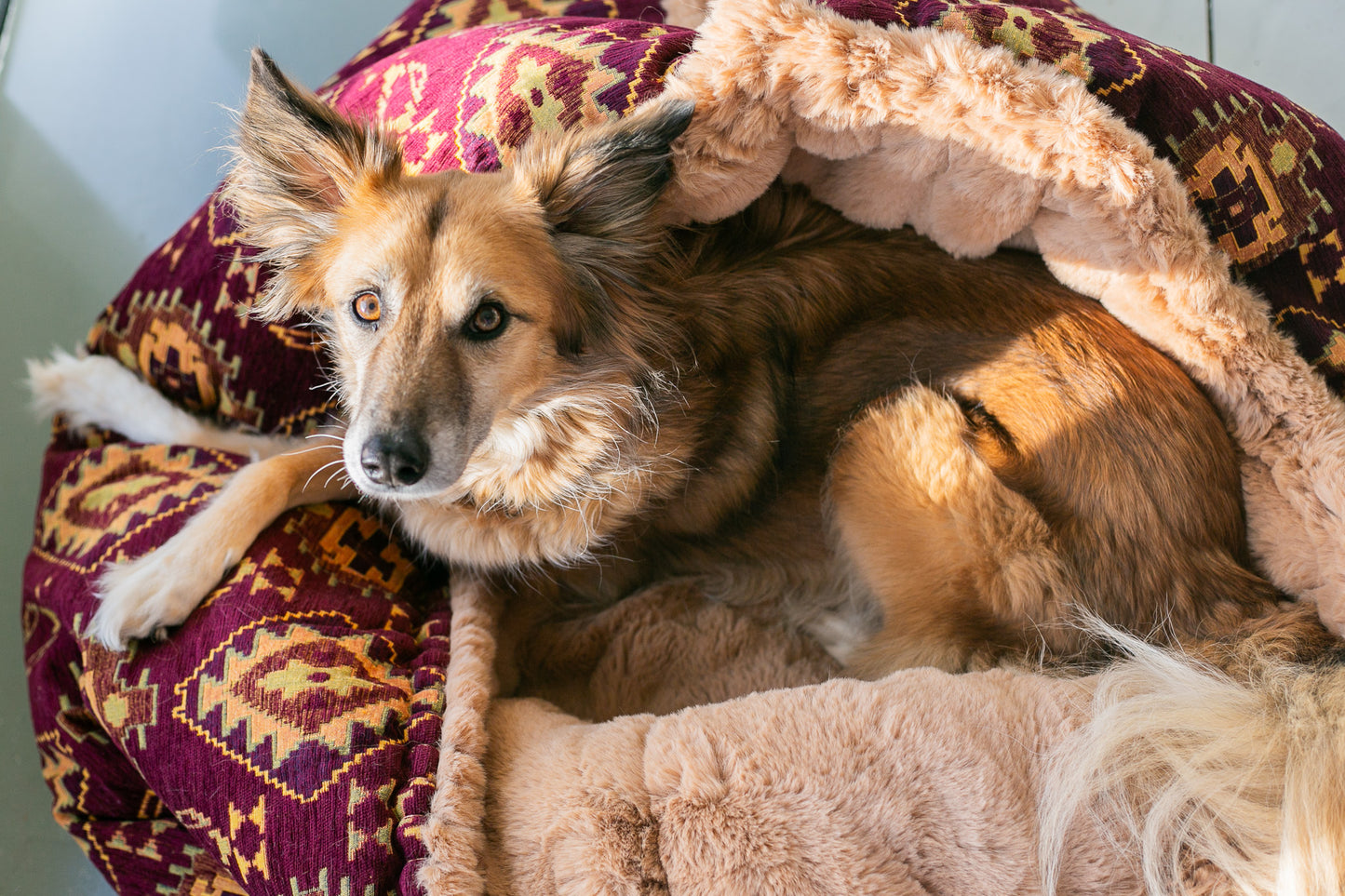 Burgundy kilim - velvet / faux fur snuggle sack