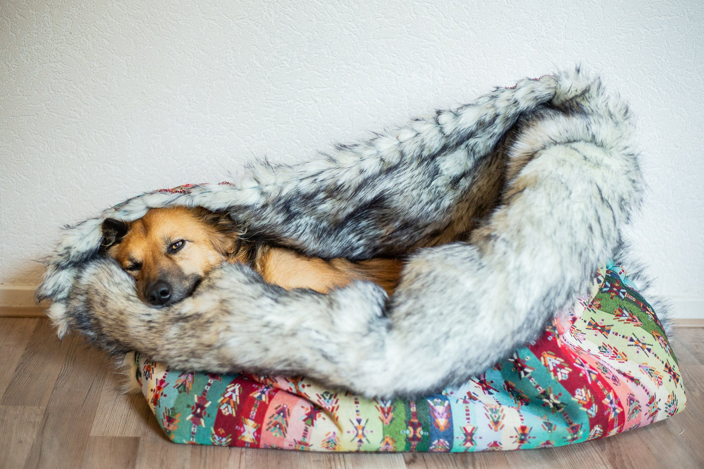 Multi color woven canvas - faux fur snuggle sack