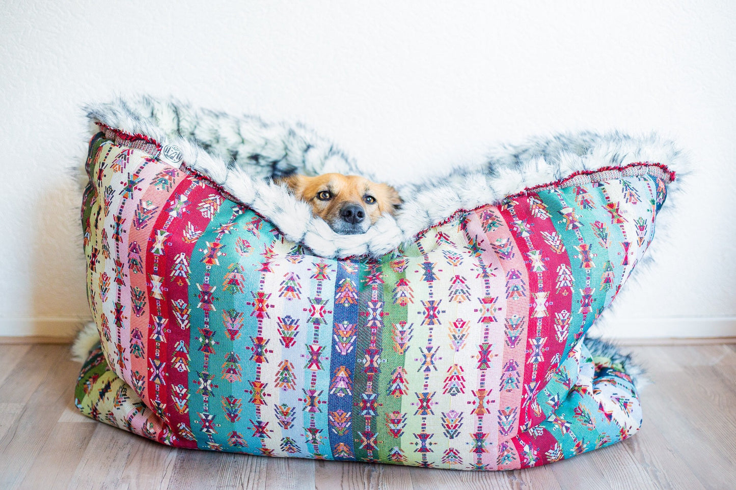 Multi color woven canvas - faux fur snuggle sack