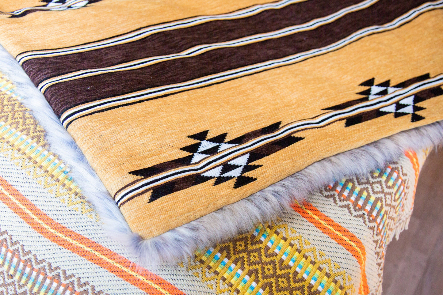 Navajo kilim throw with high-end faux fur