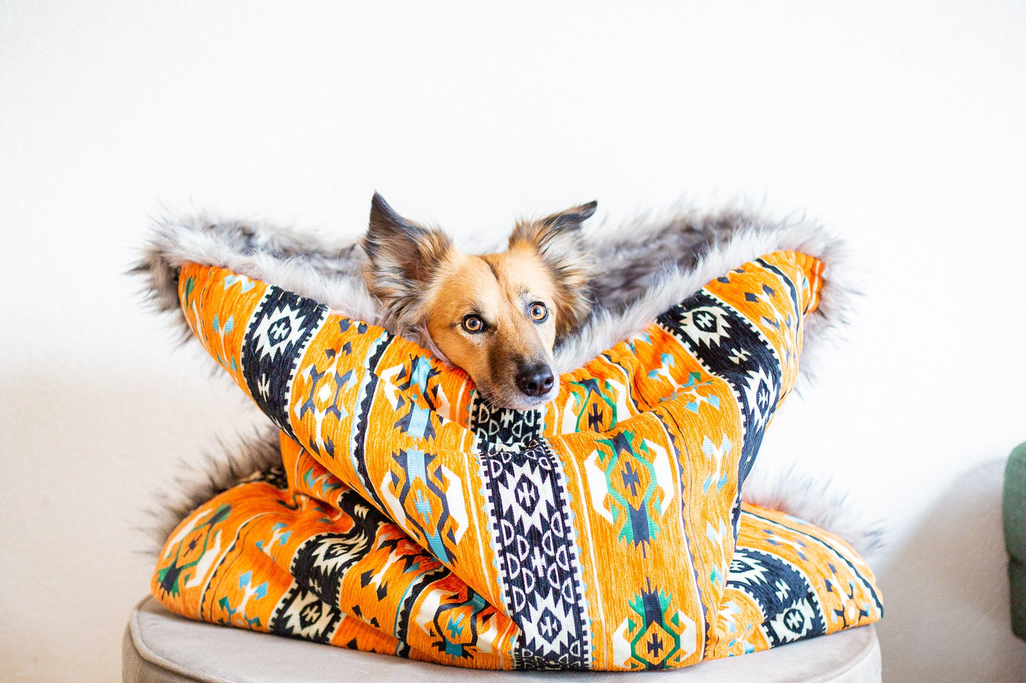 Orange kilim - velvet / faux fur snuggle sack